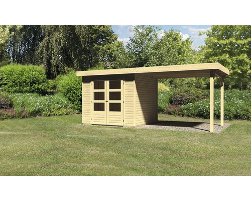 Gartenhaus Karibu Kodiak 3 mit Schleppdach 2,75 m 545 x 238 cm natur Gartenhaus aus Holz mit Carport im Garten