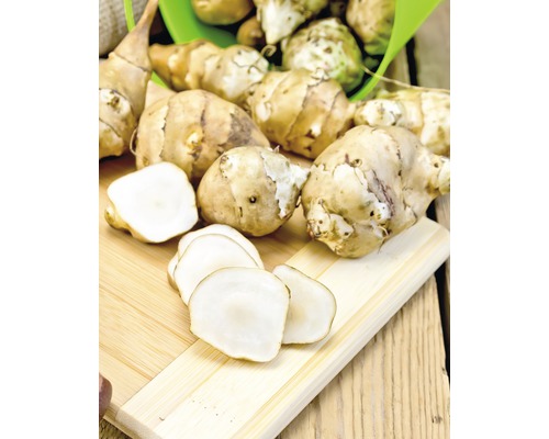 Topinamburknollen auf einem Holzbrett