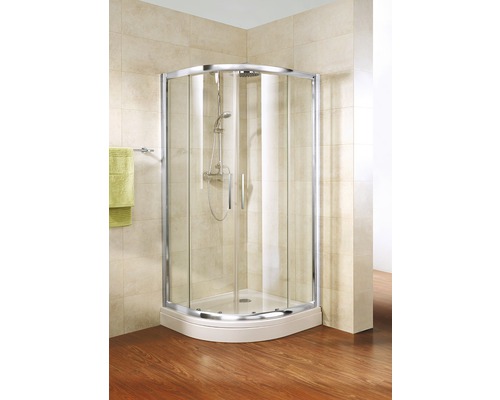 Runddusche Schulte Kristall/Trend R550 100x100 cm Klarglas Profilfarbe chrom Eckdusche mit Chromrahmen und klaren Glaswänden im Badezimmer.