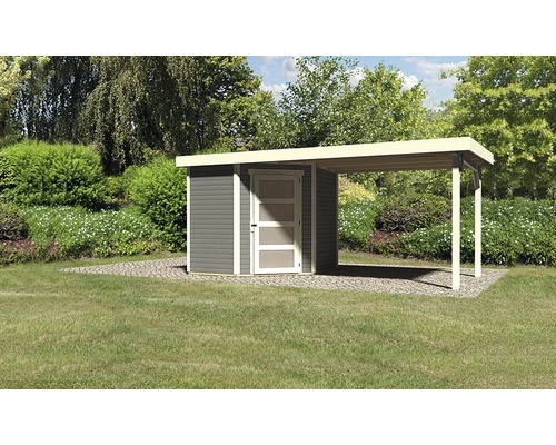 Gartenhaus Karibu Anvik 3 mit Schleppdach 504,5 x 238 cm terragrau Gartenhaus mit Anbau auf einer Rasenfläche