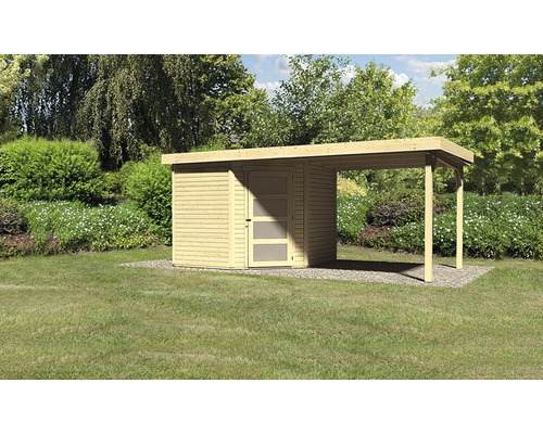 Gartenhaus Karibu Anvik 5 mit Schleppdach 503 x 262 cm natur Holzgartenhaus mit Vordach im Garten
