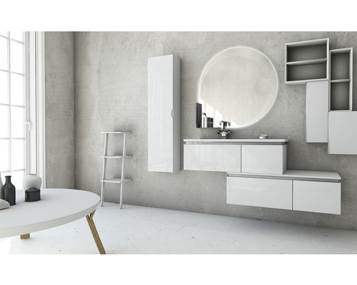 Modernes Badezimmer mit Waschbeckenunterschrank, Spiegelschrank, Regal und rundem Spiegel
