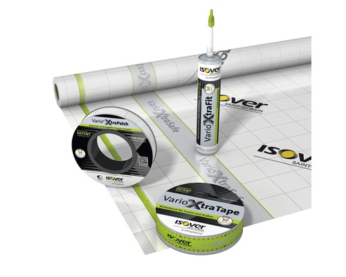 Isover Vario System mit Klimamembrane, Dichtkleber, Dichtmanschetten und Klebeband