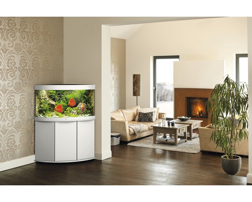 Wohnzimmer mit Eckaquarium auf Unterschrank, Sofa, Couchtisch und Kamin