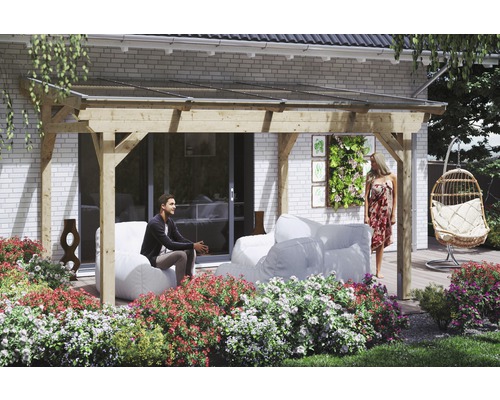 Terrassenüberdachung SKAN HOLZ Sanremo 434x400 cm natur Holzterrasse mit Überdachung, Sitzgelegenheiten und Dekoration im Garten