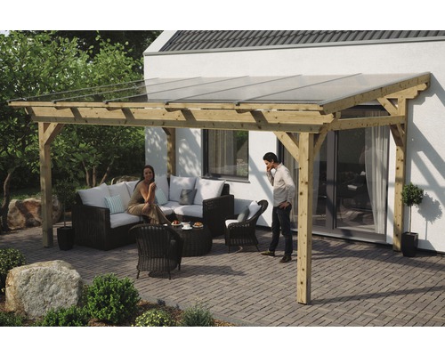 Terrassenüberdachung SKAN HOLZ Sanremo 541x300 cm natur Terrassenüberdachung aus Holz mit Sitzgruppe und zwei Personen