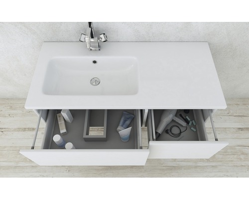 Waschtisch mit offenem Schubladenelement, Spiegelschrank für Badezimmer