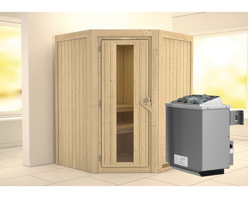 Elementsauna Karibu Larina inkl. 9 kW Ofen u.integr.Steuerung ohne Dachkranz mit Holztüre und Isolierglas wärmegedämmt