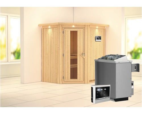 Elementsauna Karibu Maurin inkl. 9 kW Ofen u.ext.Steuerung mit Dachkranz und Holztüre mit Isolierglas wärmegedämmt