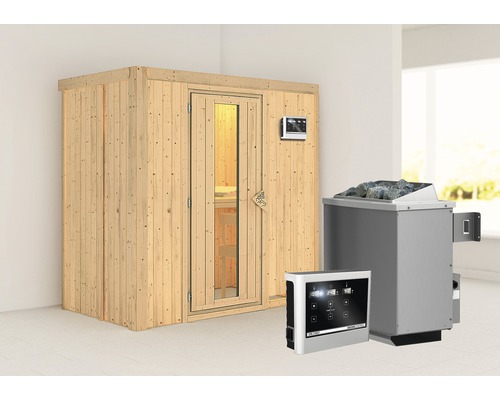 Elementsauna Karibu Mariado inkl. 9 kW Ofen u.ext.Steuerung ohne Dachkranz mit Holztüre und Isolierglas wärmegedämmt