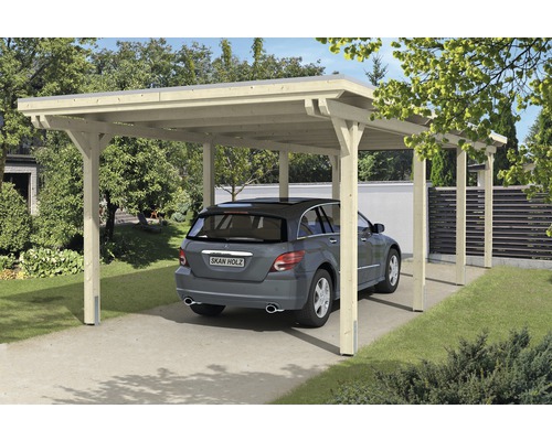 Einzelcarport SKAN HOLZ Emsland 354x846 cm mit EPDM-Folie natur Einzelcarport aus Holz mit Auto im Hof.