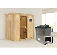 Elementsauna Karibu Mariado inkl. 9 kW Ofen u.ext.Steuerung mit Dachkranz und bronzierter Ganzglastüre