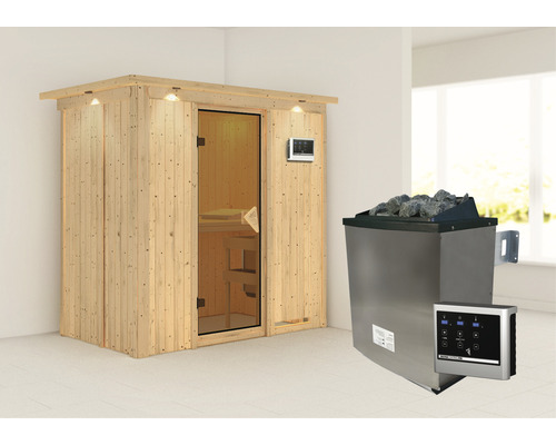 Elementsauna Karibu Mariado inkl. 9 kW Ofen u.ext.Steuerung mit Dachkranz und bronzierter Ganzglastüre