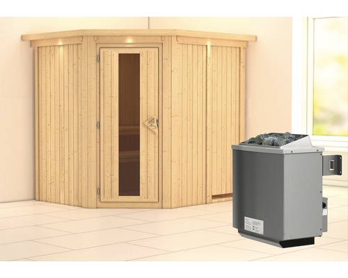 Elementsauna Karibu Petalit inkl. 9 kW Ofen u.integr.Steuerung mit Dachkranz und Holztüre mit Isolierglas wärmegedämmt