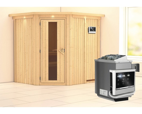 Elementsauna Karibu Petalit inkl. 9 kW Ofen u.ext.Steuerung mit Dachkranz und Holztüre mit Isolierglas wärmegedämmt