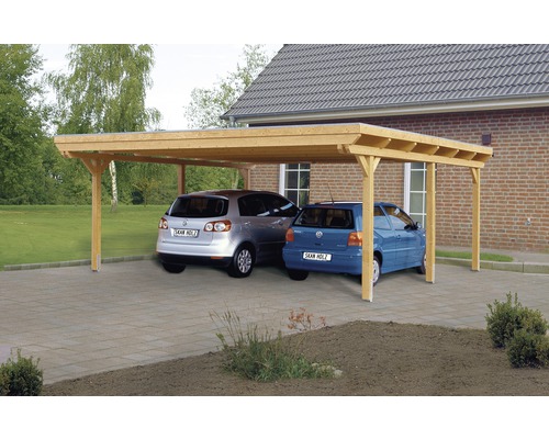 Doppelcarport SKAN HOLZ Emsland 613x604 cm mit Aluminium-Dach natur Doppelcarport aus Holz mit zwei geparkten Autos