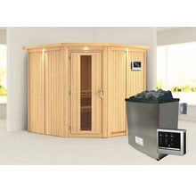 Ecksauna aus Holz mit Glastür und Saunaofen mit Steinen und Steuerung