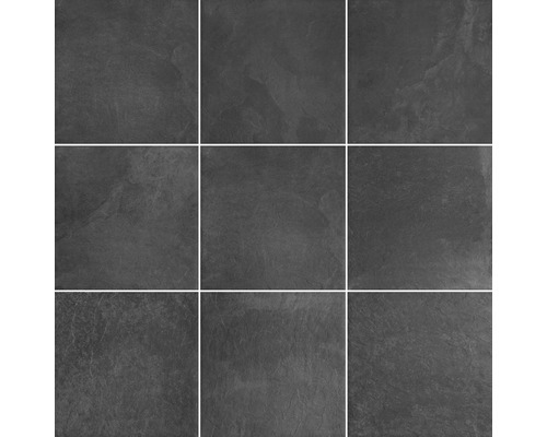 Neun quadratische Schieferfliesen für Boden- oder Wandbeläge.