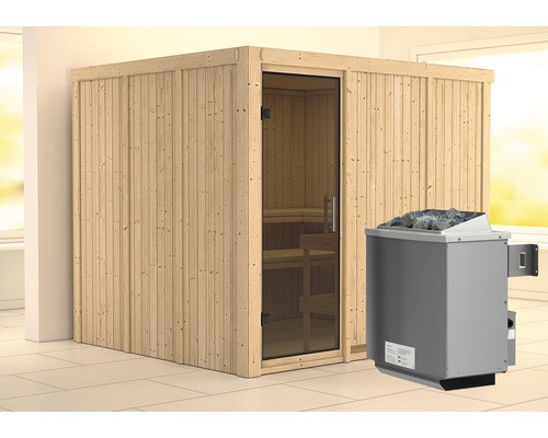 Elementsauna Karibu Gobina inkl. 9 kW Ofen u.integr.Steuerung ohne Dachkranz mit graphitfarbiger Ganzglastüre