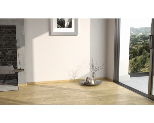 Innenraum mit Holzboden, Kamin und Fensterfront