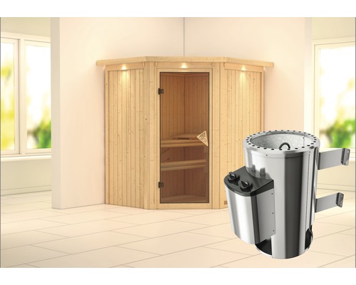 Plug & Play Sauna Karibu Achat III inkl. 3,6 kW Ofen u.integr.Steuerung mit Dachkranz und bronzierter Ganzglastüre