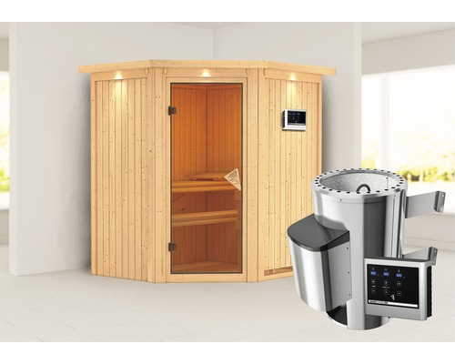 Plug & Play Sauna Karibu Achat III inkl. 3,6 kW Ofen u.ext.Steuerung mit Dachkranz und bronzierter Ganzglastüre