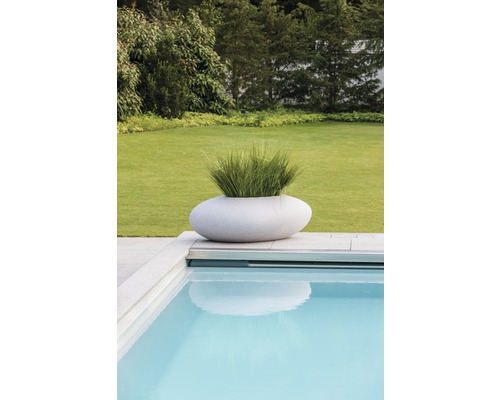 Ovaler Pflanzkübel mit Gras neben einem Pool