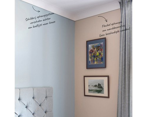 Zimmer mit Wandbildaufhängesystem hinter einer Zierleiste