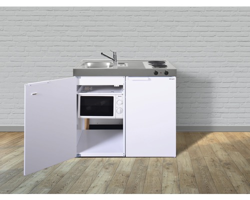Miniküche mit Spüle, Kochfeld, Kühlschrank und Mikrowelle