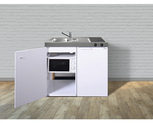 Kompaktküche mit Spüle, Kochfeld, Kühlschrank und Mikrowelle