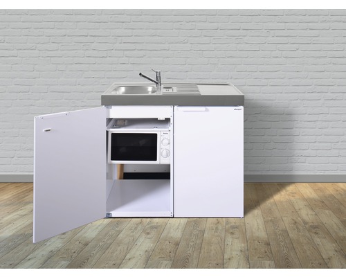Kompakte Pantryküche mit Spüle, Mikrowelle und Kühlschrank für kleine Räume