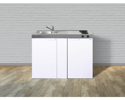 Einbauküche mit Spüle, Kochfeld und Kühlschrank