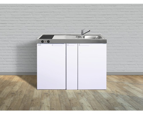 Kompakte Küchenzeile mit Kochfeld, Spüle und Unterschränken.