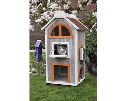 Katze in einem zweistöckigen Katzenhaus im Garten.