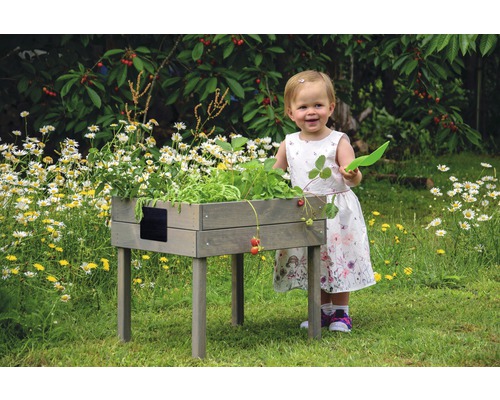Mädchen mit Hochbeet im Garten mit Erdbeeren und Salat