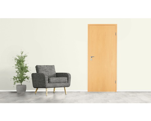 Zimmertür, Sessel und Topfpflanze in einem hellen Raum