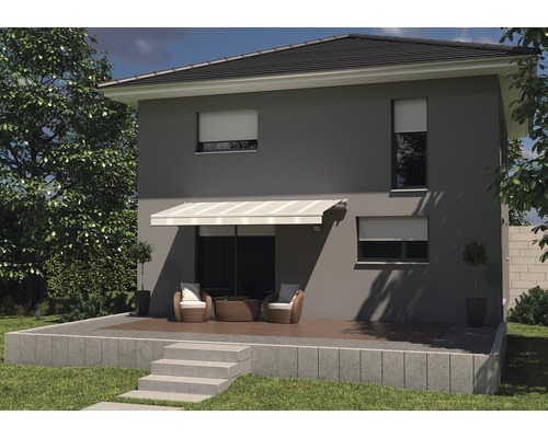 Hausansicht mit Terrassenüberdachung, Rollläden und Gartengestaltung
