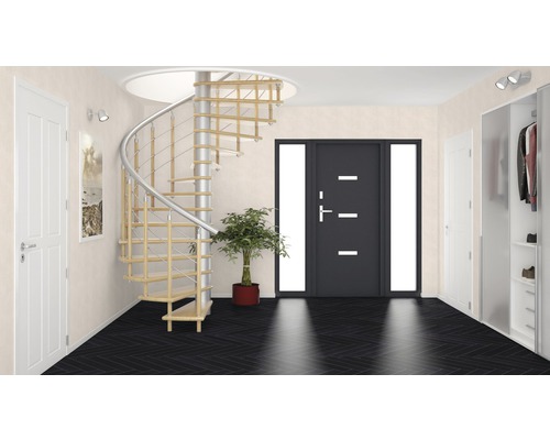 Flur mit Wendeltreppe, Haustür und Garderobenschrank