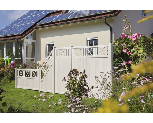 Gartenansicht mit Zaun und Haus