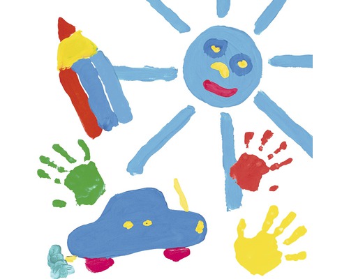 Kinderzeichnung mit Sonne, Auto, Stift und Handabdrücken