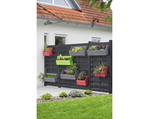 Dekorative Holzwand mit bunten Pflanzkästen im Garten.
