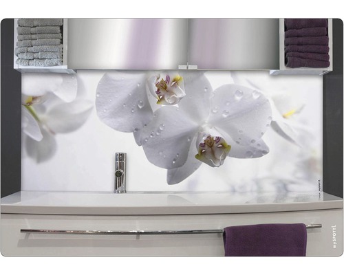 Badrückwand mySPOTTI aqua Aqua orchid 90x45 cm Badezimmerwaschbecken mit Orchideenrückwand, Handtüchern und Armatur