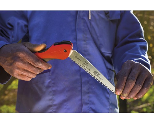 Handgeführte Astsäge mit rotem Griff