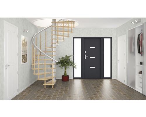 Eingangsbereich mit Wendeltreppe, Haustür und Garderobenschrank