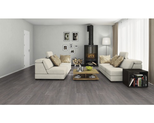 Wohnzimmer mit grauem Holzboden, Sofas, Kamin und Dekoration