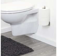 Hänge-WC, Toilettenpapierhalter und Badteppich in einem Badezimmer