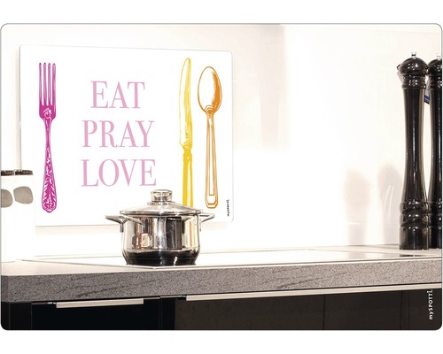 Dekoratives Küchenrückwandpaneel mit dem Schriftzug Iss Bete Liebe sowie Abbildungen von Besteck