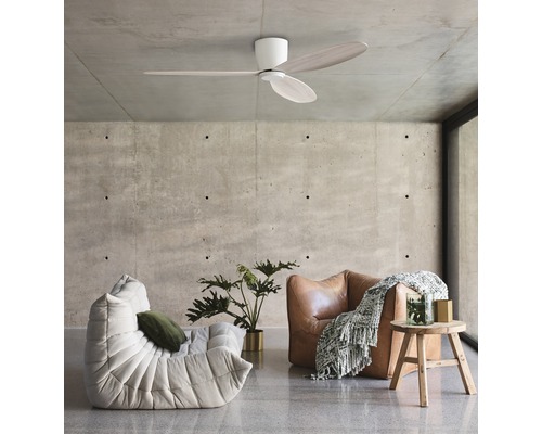 Deckenventilator im Wohnzimmer mit Sesseln und Beistelltisch.