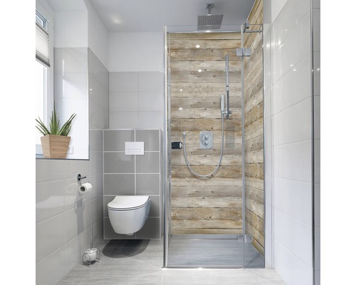 Duschrückwand-Folie mySpotti Fresh Holz 90 x 210 cm Helles Badezimmer mit Dusche mit Holzpaneelen und Wandtoilette