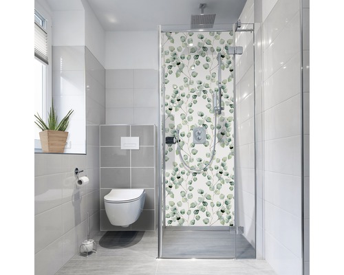 Duschrückwand-Folie mySpotti Fresh Björk 100 x 210 cm Modernes Badezimmer mit Toilette und Duschkabine mit Pflanzenmuster